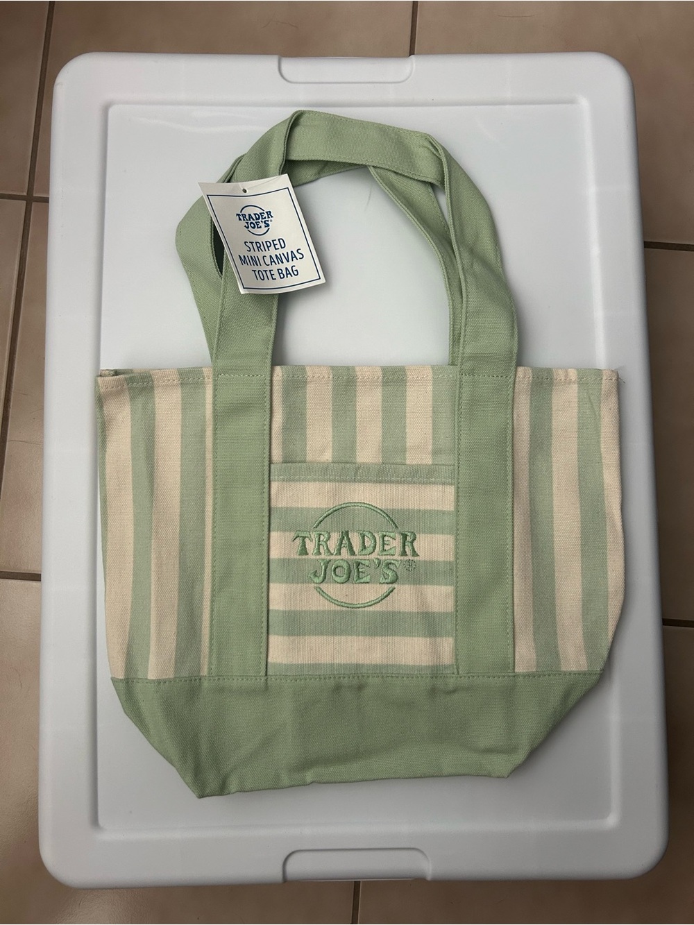 NWT Trader Joe's Green & Cream Striped Mini Tote Bag